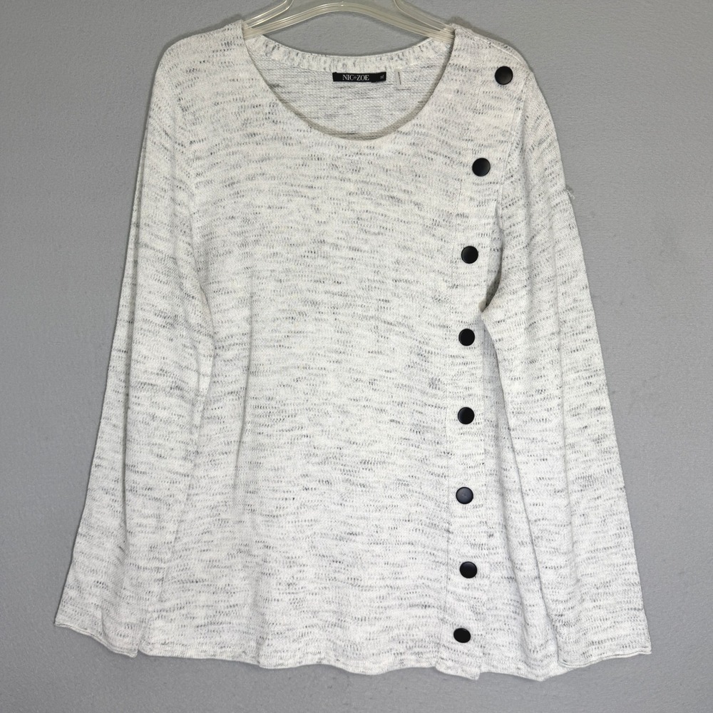 NIC+ZOE Women Gray Marl Knit Sweater Size XL Asymmetrical Button Boxy Minimalist